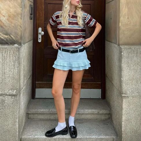 قميص y2k للنساء مخطط للرجبي زر collared رقبة لأعلى البولو الأكمام القصيرة القديمة tee preppy grunge streetwear top in Kuwait