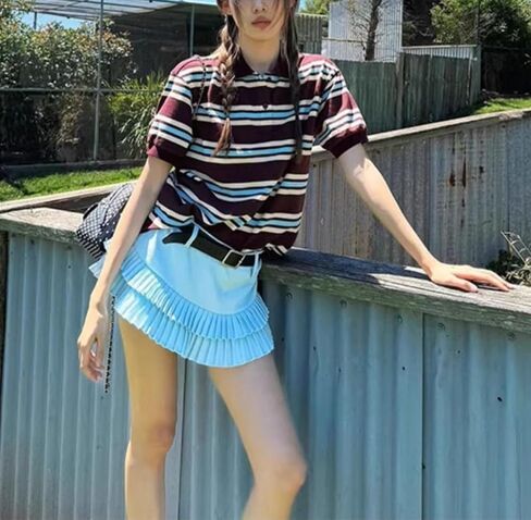 قميص y2k للنساء مخطط للرجبي زر collared رقبة لأعلى البولو الأكمام القصيرة القديمة tee preppy grunge streetwear top in Kuwait