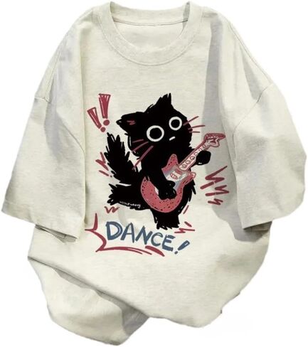 Cute Punk Cat Guitar Printed Short Sleeve T-Shirt Summer Oversized Graphic Tees Harajuku Vintage Aesthetic Baggy Top in Saudi Arabia