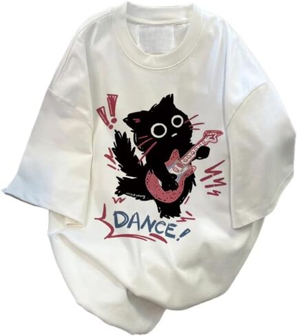 Cute Punk Cat Guitar Printed Short Sleeve T-Shirt Summer Oversized Graphic Tees Harajuku Vintage Aesthetic Baggy Top in Saudi Arabia