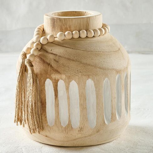 Wood Vase for Home Decor Farmhouse Vases Decor with Wood Beaded Tassel Rustic Country Decor Vase Boho Vases for Pampas Grass Living Room Kitchen Bedroom Entryway Mantel in Saudi Arabia