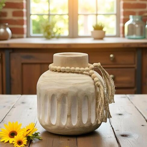 Wood Vase for Home Decor Farmhouse Vases Decor with Wood Beaded Tassel Rustic Country Decor Vase Boho Vases for Pampas Grass Living Room Kitchen Bedroom Entryway Mantel in Saudi Arabia