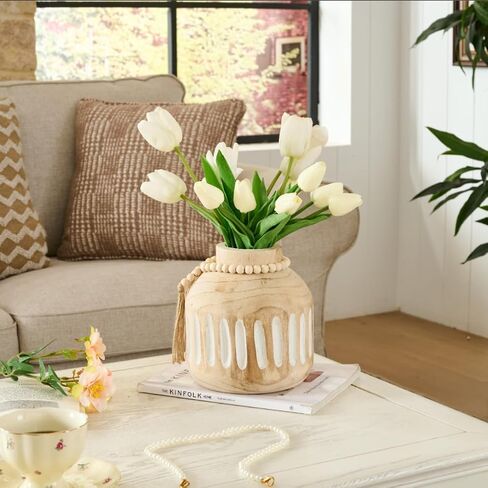 Wood Vase for Home Decor Farmhouse Vases Decor with Wood Beaded Tassel Rustic Country Decor Vase Boho Vases for Pampas Grass Living Room Kitchen Bedroom Entryway Mantel in Saudi Arabia