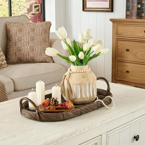 Wood Vase for Home Decor Farmhouse Vases Decor with Wood Beaded Tassel Rustic Country Decor Vase Boho Vases for Pampas Grass Living Room Kitchen Bedroom Entryway Mantel in Saudi Arabia