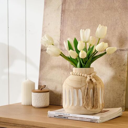 Wood Vase for Home Decor Farmhouse Vases Decor with Wood Beaded Tassel Rustic Country Decor Vase Boho Vases for Pampas Grass Living Room Kitchen Bedroom Entryway Mantel in Saudi Arabia