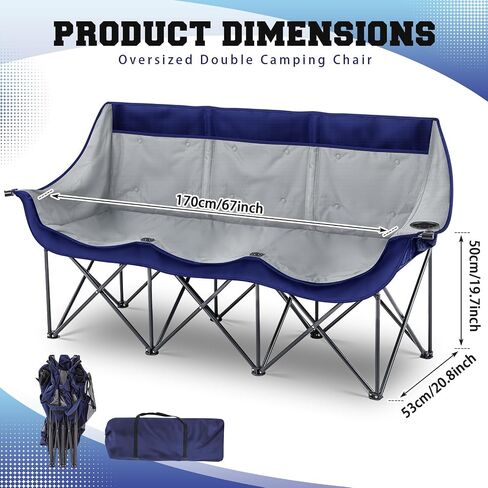 Oversized 3 Person Camping Chair Outdoor Folding Loveseat Sofa for 2-3 Person, Sturdy Lawn Chair Camping Couch with Cup Hold for Outdoor Sports Patio Camp Beach in Saudi Arabia