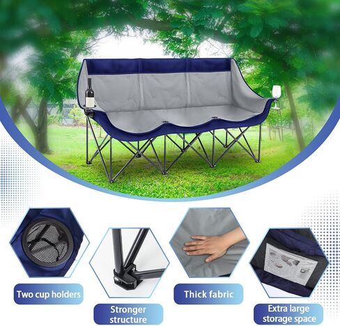 Oversized 3 Person Camping Chair Outdoor Folding Loveseat Sofa for 2-3 Person, Sturdy Lawn Chair Camping Couch with Cup Hold for Outdoor Sports Patio Camp Beach in Saudi Arabia
