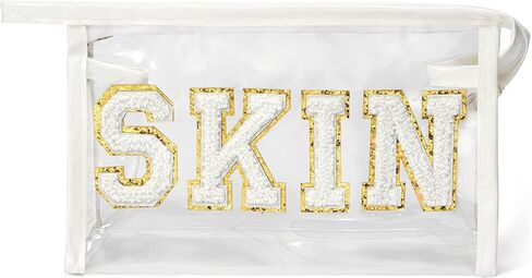 Preppy Patch SPF Cosmetic Bag Summer SPF Varsity Letter Clear Toiletry Makeup Bag Waterproof PVC Cosmetic Case Multi-Function Zippered Makeup Pouch for Beach Pool, Pencil Case Pen Pouch in Saudi Arabia