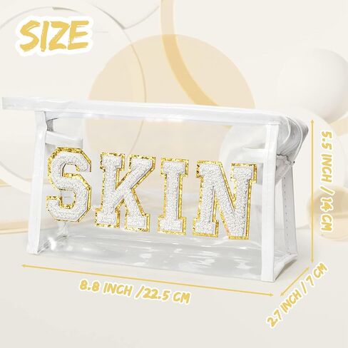 Preppy Patch SPF Cosmetic Bag Summer SPF Varsity Letter Clear Toiletry Makeup Bag Waterproof PVC Cosmetic Case Multi-Function Zippered Makeup Pouch for Beach Pool, Pencil Case Pen Pouch in Saudi Arabia