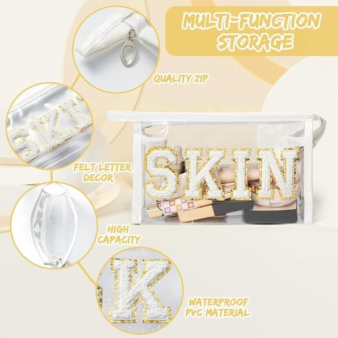 Preppy Patch SPF Cosmetic Bag Summer SPF Varsity Letter Clear Toiletry Makeup Bag Waterproof PVC Cosmetic Case Multi-Function Zippered Makeup Pouch for Beach Pool, Pencil Case Pen Pouch in Saudi Arabia