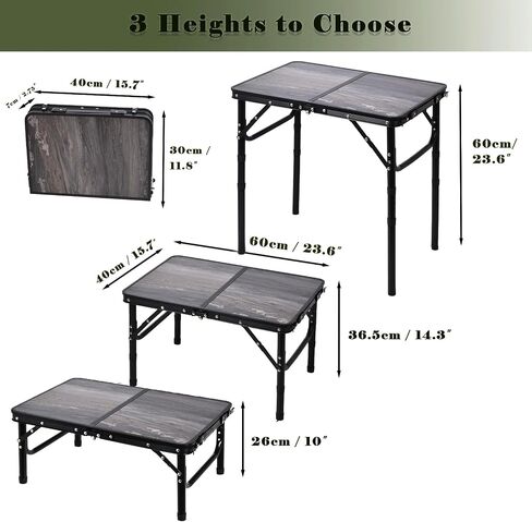 Aluminum Foldable Table Portable Pinic Table Lightweight,3 Adjustable Height Table Small Card Table with Carry Handle for Outdoor Indoor (Black, 15.75" D x 23.6" W x 23.6" H) in Saudi Arabia