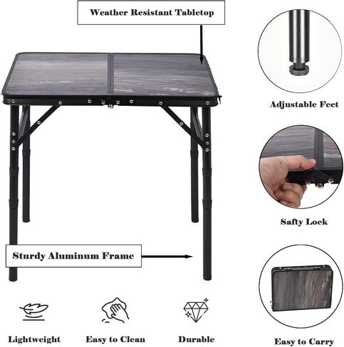 Aluminum Foldable Table Portable Pinic Table Lightweight,3 Adjustable Height Table Small Card Table with Carry Handle for Outdoor Indoor (Black, 15.75" D x 23.6" W x 23.6" H) in Saudi Arabia