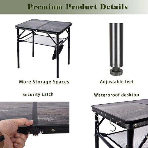 Aluminum Foldable Table Portable Pinic Table Lightweight,3 Adjustable Height Table Small Card Table with Carry Handle for Outdoor Indoor (Black, 15.75" D x 23.6" W x 23.6" H) in Saudi Arabia