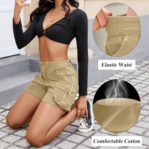 شورتات البضائع للنساء العصرية العالية العالية فائدة الصيف التمدد قطعت السراويل القصيرة مع جيوب السوستة in Kuwait