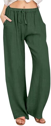 Cotton Linen Pants for Women,Summer Wide Leg Casual Loose Drawstring High Waist Palazzo Pants with Pockets in Saudi Arabia