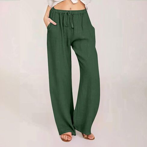 Cotton Linen Pants for Women,Summer Wide Leg Casual Loose Drawstring High Waist Palazzo Pants with Pockets in Saudi Arabia