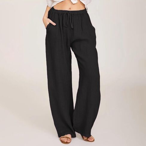 Cotton Linen Pants for Women,Summer Wide Leg Casual Loose Drawstring High Waist Palazzo Pants with Pockets in Saudi Arabia