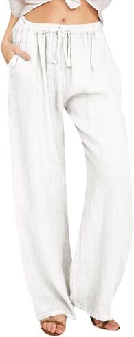 Cotton Linen Pants for Women,Summer Wide Leg Casual Loose Drawstring High Waist Palazzo Pants with Pockets in Saudi Arabia