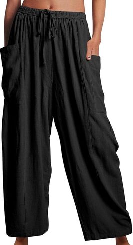 OMZIN Women Summer Plus Size Plain Cropped Pants with Pocket Hippie Elastic Waist Pants Loose Yoga Pants in Saudi Arabia