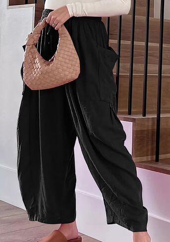 OMZIN Women Summer Plus Size Plain Cropped Pants with Pocket Hippie Elastic Waist Pants Loose Yoga Pants in Saudi Arabia