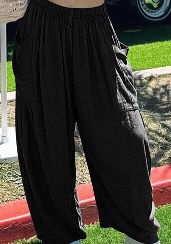 OMZIN Women Summer Plus Size Plain Cropped Pants with Pocket Hippie Elastic Waist Pants Loose Yoga Pants in Saudi Arabia