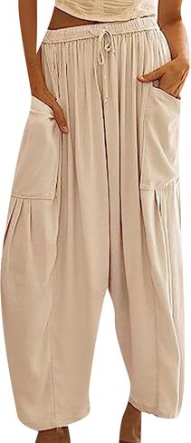 OMZIN Women Summer Plus Size Plain Cropped Pants with Pocket Hippie Elastic Waist Pants Loose Yoga Pants in Saudi Arabia