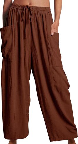 OMZIN Women Summer Plus Size Plain Cropped Pants with Pocket Hippie Elastic Waist Pants Loose Yoga Pants in Saudi Arabia
