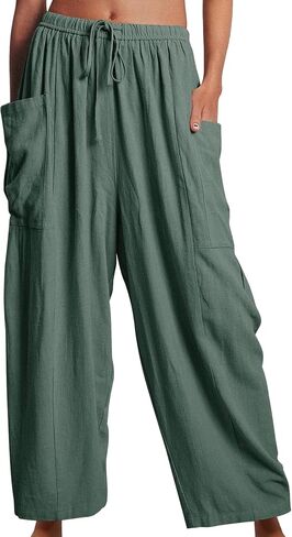 OMZIN Women Summer Plus Size Plain Cropped Pants with Pocket Hippie Elastic Waist Pants Loose Yoga Pants in Saudi Arabia