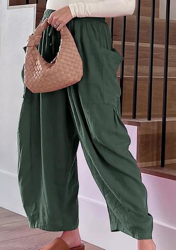OMZIN Women Summer Plus Size Plain Cropped Pants with Pocket Hippie Elastic Waist Pants Loose Yoga Pants in Saudi Arabia