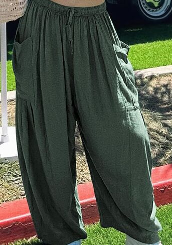 OMZIN Women Summer Plus Size Plain Cropped Pants with Pocket Hippie Elastic Waist Pants Loose Yoga Pants in Saudi Arabia