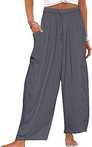 OMZIN Women Summer Plus Size Plain Cropped Pants with Pocket Hippie Elastic Waist Pants Loose Yoga Pants in Saudi Arabia