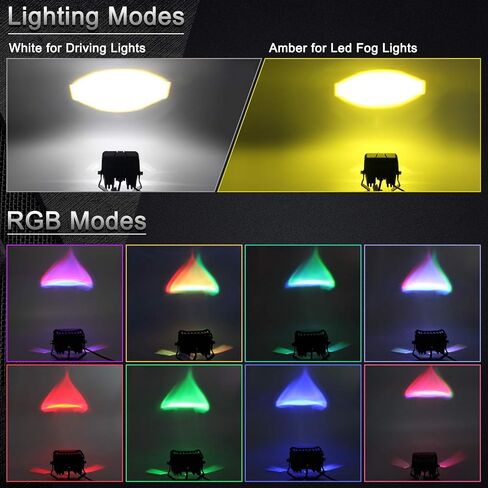 2Pcs Led Driving Light RGB Pods with Smartphone APP Control 3000K Amber Yellow Fog Lights 6000K White 60W 6000LM Flashing & Music Mode Spotlight Offroad Fog Light for Truck ATV,SUV (U9-RGB) in Saudi Arabia