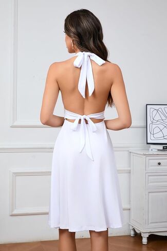 Halter Neck Dress Backless V Neck Sleeveless Midi Dress Knot A-line Dress Skater Dress Evening Party Cocktail Dress in Saudi Arabia