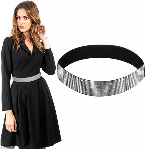 Teaaha Rhinestone Belt Silver Elastic Sequin Belts for Women, Stretch Wasit Belt Waistband Elegant Crystal Wedding Belts for Formal Dress in Saudi Arabia