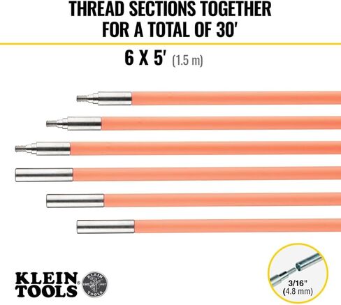 Klein Tools 50303 30-Foot Lo-Flex Glow Fish Rod Set, (6) 5-Inch Fiberglass Rods, Adapter, Bullet Nose, Illuminated Tip, Splinter Guard Coating in Saudi Arabia