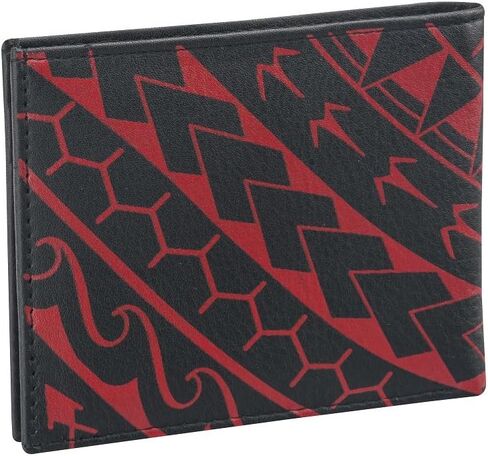 بولينيزيان الوشم محفظة bifold للرجال الجلود الأصلية ، "مانو" الوشم الفن من يوجين تازي - أسود مع الفن الأحمر من ناكوا in Kuwait