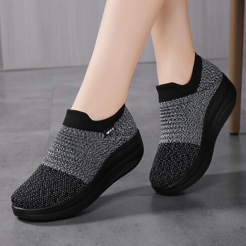 White Women's Slip-on Walking Shoes Mesh Breathe Air Cushion Arch Support Sock Sneakers for Women Ladys Girls Fashion Platform Lightweight Loafers Non-Slip Nursing Work Running Shoes Size11 in Saudi Arabia