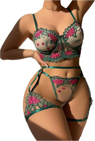 OYOANGLE Women's 3 Piece Embroidered Floral Bra Panty Strap Accessory Lingerie Set in Saudi Arabia