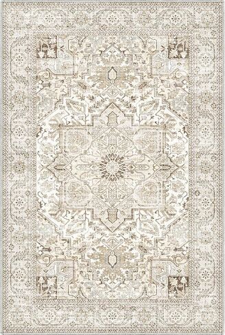 Area Rug 2x3, Lightweight Washable Rugs for Entryway Bathroom Kitchen, Ultra-Thin Absorbing Low Pile Non Slip Rubber Rugs Backing, Durable Aesthetic Vintage 2x3 Rug (Cream/Light Beige, 2X3) in Kuwait