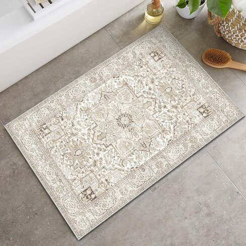 Area Rug 2x3, Lightweight Washable Rugs for Entryway Bathroom Kitchen, Ultra-Thin Absorbing Low Pile Non Slip Rubber Rugs Backing, Durable Aesthetic Vintage 2x3 Rug (Cream/Light Beige, 2X3) in Kuwait