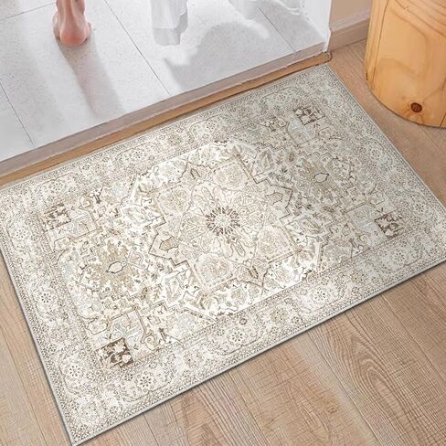 Area Rug 2x3, Lightweight Washable Rugs for Entryway Bathroom Kitchen, Ultra-Thin Absorbing Low Pile Non Slip Rubber Rugs Backing, Durable Aesthetic Vintage 2x3 Rug (Cream/Light Beige, 2X3) in Kuwait