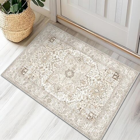 Area Rug 2x3, Lightweight Washable Rugs for Entryway Bathroom Kitchen, Ultra-Thin Absorbing Low Pile Non Slip Rubber Rugs Backing, Durable Aesthetic Vintage 2x3 Rug (Cream/Light Beige, 2X3) in Kuwait
