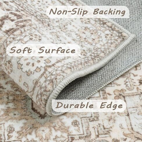 Area Rug 2x3, Lightweight Washable Rugs for Entryway Bathroom Kitchen, Ultra-Thin Absorbing Low Pile Non Slip Rubber Rugs Backing, Durable Aesthetic Vintage 2x3 Rug (Cream/Light Beige, 2X3) in Kuwait