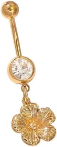 Gold Hibiscus Flower Belly Button Ring – 1pc Stylish & Elegant Shiny Stainless Steel Navel Piercing, Beach-Ready Floral Body Jewelry for Women in Saudi Arabia
