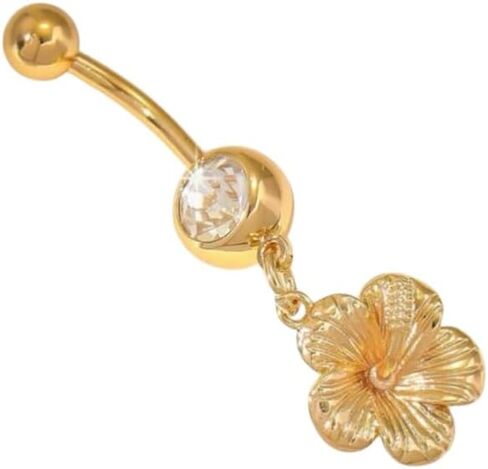 Gold Hibiscus Flower Belly Button Ring – 1pc Stylish & Elegant Shiny Stainless Steel Navel Piercing, Beach-Ready Floral Body Jewelry for Women in Saudi Arabia