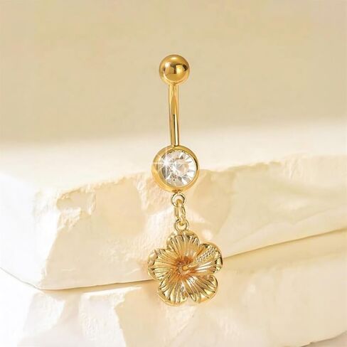 Gold Hibiscus Flower Belly Button Ring – 1pc Stylish & Elegant Shiny Stainless Steel Navel Piercing, Beach-Ready Floral Body Jewelry for Women in Saudi Arabia