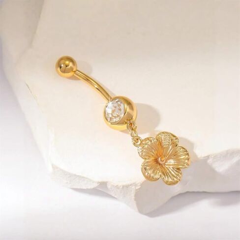 Gold Hibiscus Flower Belly Button Ring – 1pc Stylish & Elegant Shiny Stainless Steel Navel Piercing, Beach-Ready Floral Body Jewelry for Women in Saudi Arabia