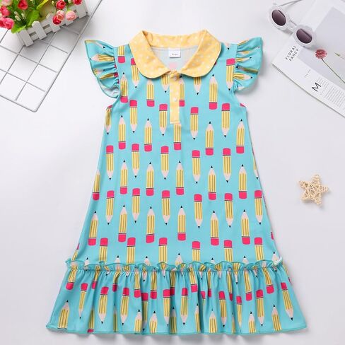 IMEKIS Toddler Kids Girls Back to School Dress Ruffle Sleeves Pencil Print Kindergarten First Day of School Dress 4-7T in Saudi Arabia