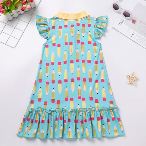 IMEKIS Toddler Kids Girls Back to School Dress Ruffle Sleeves Pencil Print Kindergarten First Day of School Dress 4-7T in Saudi Arabia