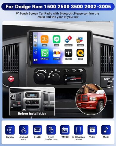 Camecho 2+64g Android 13 Stereo Car Stereo لـ Dodge RAM 1500 2500 3500 2002-2005 ، راديو Carplay Radio و Android Auto Car ، GPS 9 "شاشة تعمل باللمس مع LINK WIFI RDS SWC LINK in Saudi Arabia